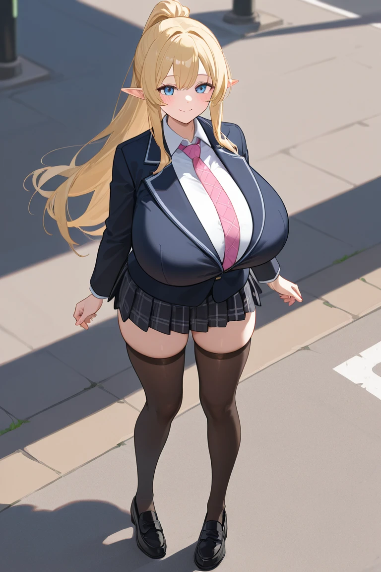 (masterpiece:1.2), best quality,cozy anime, 1girl, solo, smile, sitting, shoulder cutout, braid, dress, blonde hair, half closed eyes, pink eyes, blush, long hair, bench, indoors, business office, modern decor, computer desk, plant, collared shirt, dainty necklace, latex miniskirt, bangs, hand between legs, blurry background, between legs, bow tie, facing viewer, (((extremely massive breasts))), depth of field, red lips, hair over shoulder, big lips, (((extremely massive thick thighs))), (((very wide hips))), big legs