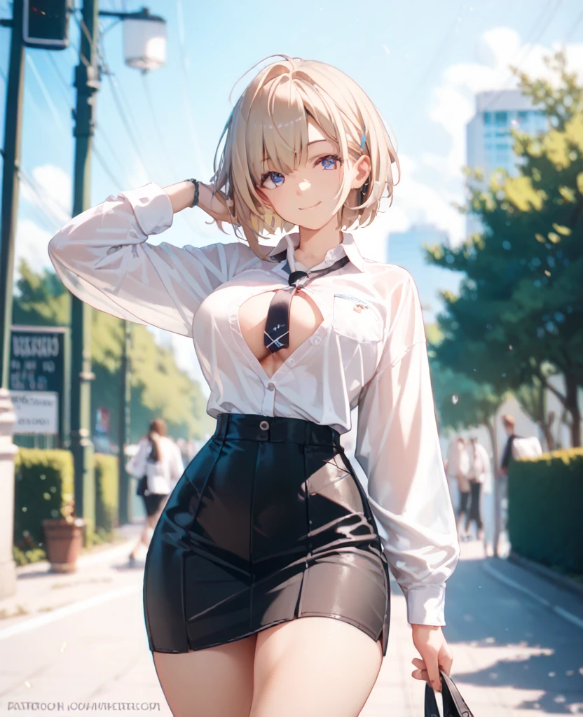 Anime style, super fine illustration, highly detailed, beautiful detailed, pale tone image, static representation, gentle expression, 8k, pretty 1girl with blonde straight short hair & blue eyes & a bright smile & full bust & slim waist & nipples & soft fair skin is wearing big white business shart & black tight skirt & 1business bag, on the business building street, in the morning, brilliant particles of lights, romantic stories, solo, perfect 5fingers, perfect arms, perfect legs, masterpiece.