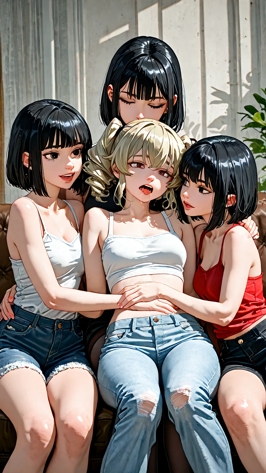two sexy women looking down at 4 years old boy with blonde hair, seductive smiles, portrait, various hair