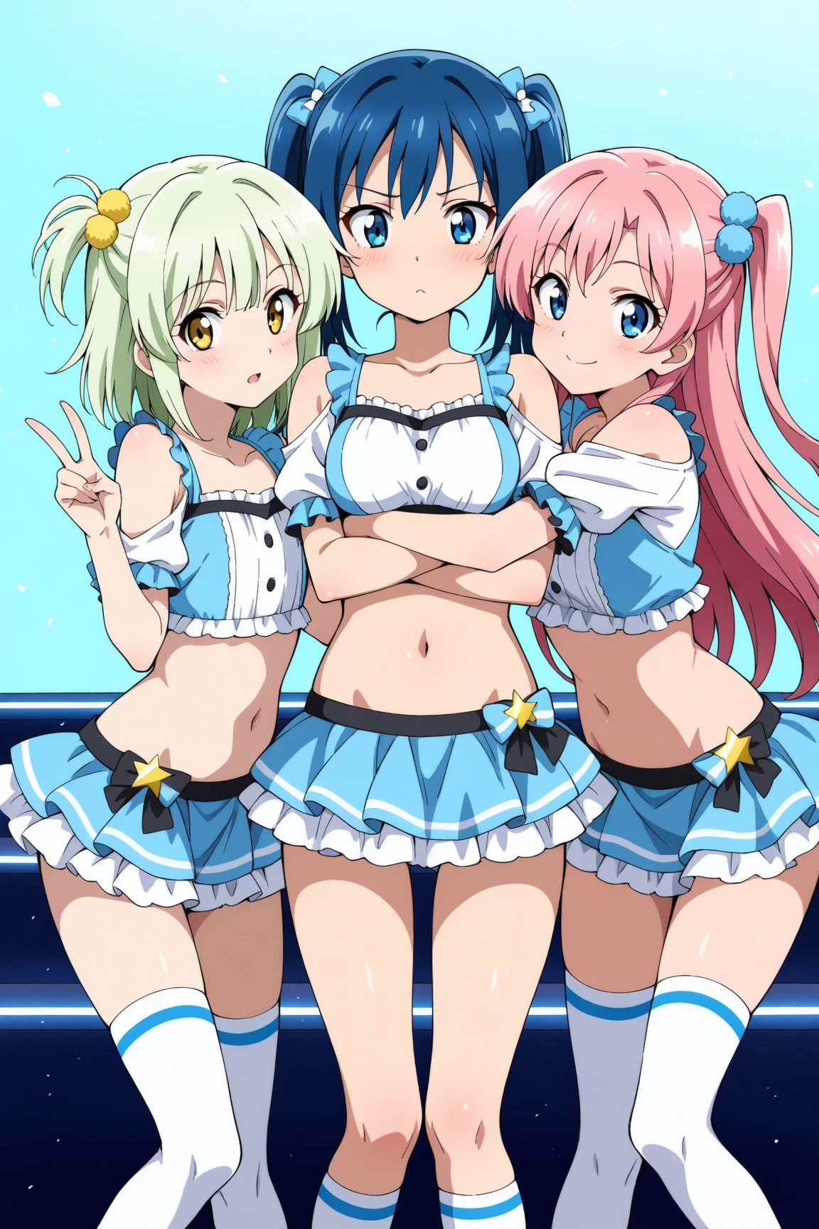 Highest quality, Super detailed, (Ultra-high resolution,8k), Ultra-high definition 4K, (Perfect Anatomy, Anatomically correct), ((5 cute idol groups)), (Women's dress with detailed floral print), (Beautiful Eyes), (Detailed eyes), (High-quality facial beauty), (Live debut), (Photorealistic), (Big Breasts), Soft Skin, Glowing Skin, Bright lighting, ((High Jump)), (cute), colorful, Goddess-like beauty, ((look back))