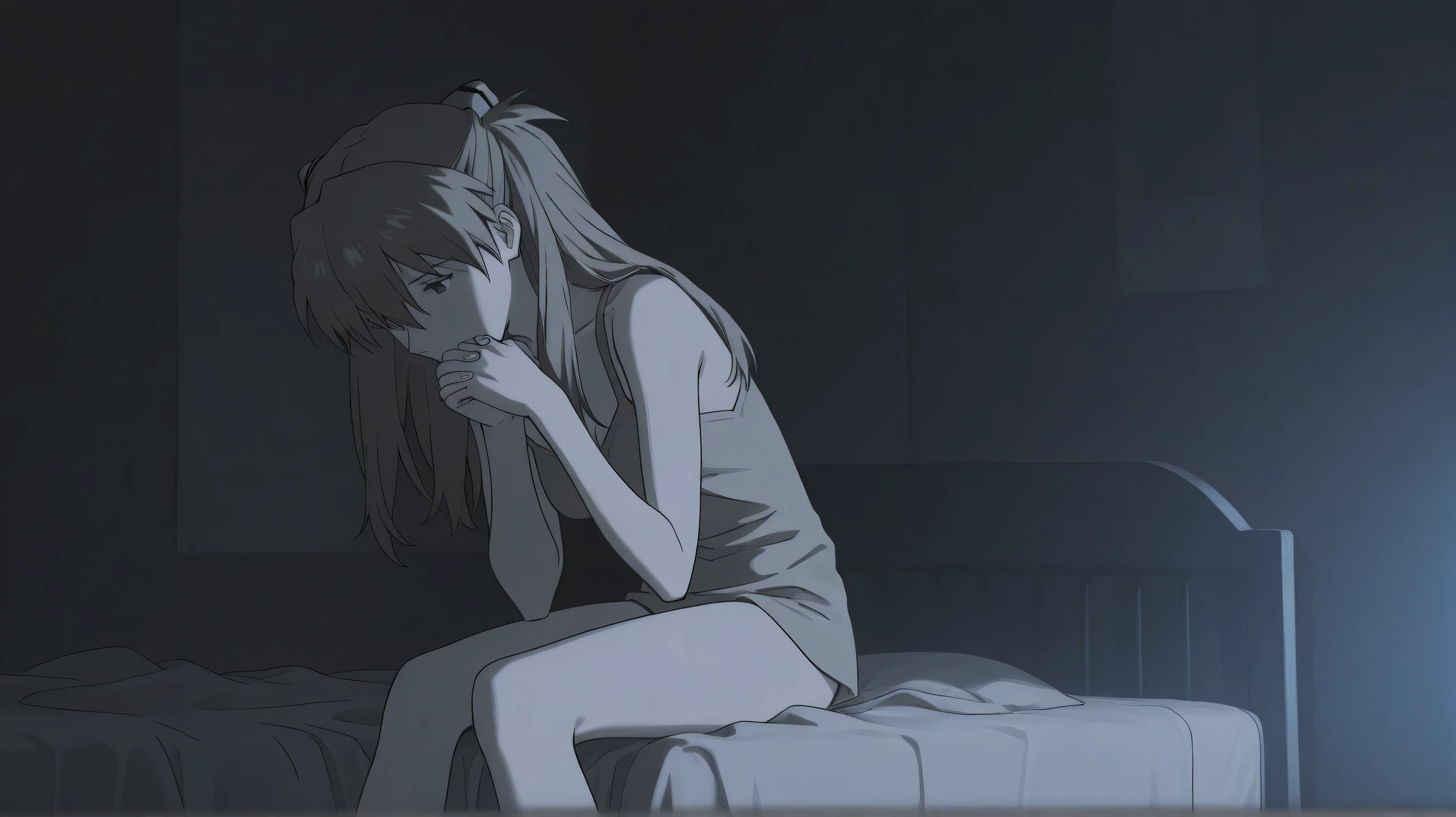 asuka langley from Neon Genesis Evangelion, , sitting in her bed, head bowed, hands clasped loosely in her lap. she is in a stark, dimly lit room, casting long shadows. her expression is one of profound sadness and despair. Somber atmosphere, muted colors.