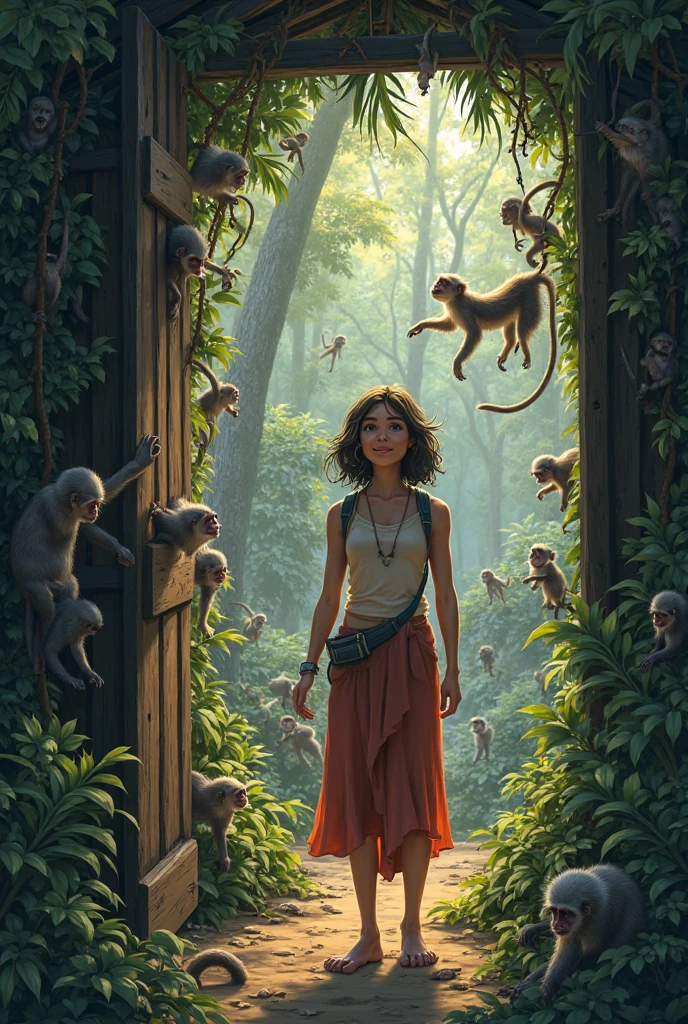 Scene 10: The Visual Farewell of the Monkeys: The monkeys moving away towards the forest, while Hunahpú and Ixbalanqué watch sadly. the grandmother, with tears in the eyes, falls behind. Text: "the grandmother no pudo contenerse la cuarta vez, and the monkeys left never to return. 'They did it because they mistreated us and were arrogant', The boys explained."