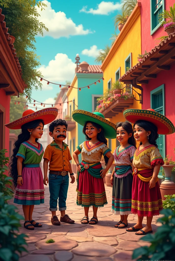 Draw 4 cousins and 4 cousins at a fair in Mexico