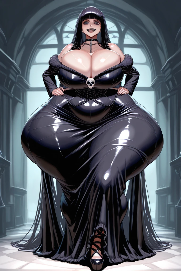 ((full body view:1.2)), ((Elvira The Mistress of Darkness)) (Cassandra Peterson), (pale skin:1.2), (white skin:1.5), ((front view:1.3)), pale face, (puffy lips:1.4), (exposed torso:1.4),(black dress), ((long dress over legs:1.3)), ((dress covers legs:1.1)), (gigantic breasts:1.4), design sheet, masterpiece, (slendered abs:1.2) ,detailed , shiny skin, beautiful lighting from the side, harsh light,epic pose, dynamic movie poster
