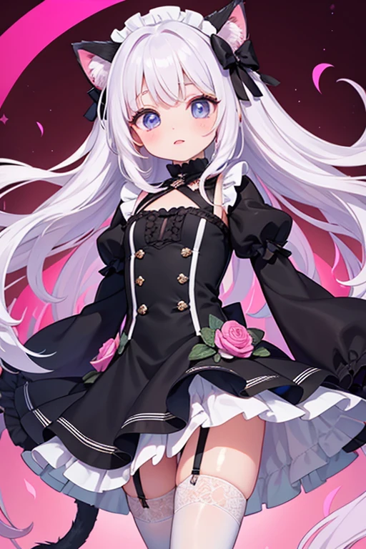 1girl, solo, white background, halo, twintails, dress, flower, simple background, detached sleeves, black flower, breasts, long hair, rose, black dress, smile, open mouth, purple rose, white hair, holding, purple flower, eyepatch, red eyes, cleavage, bow, hair between eyes, frills, bare shoulders, wide sleeves, full body, looking at viewer, long sleeves, one eye covered, black bow, :d, bangs <lora:pcr-000012:0.7>