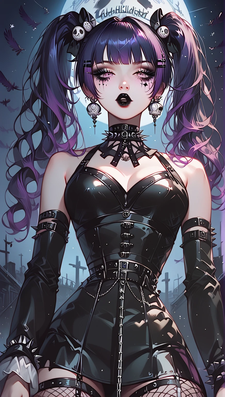 1girl,solo,cool,bigbreast,cleavage,purple and black dress,purple,black,darkness,poison,purple aura,skull,