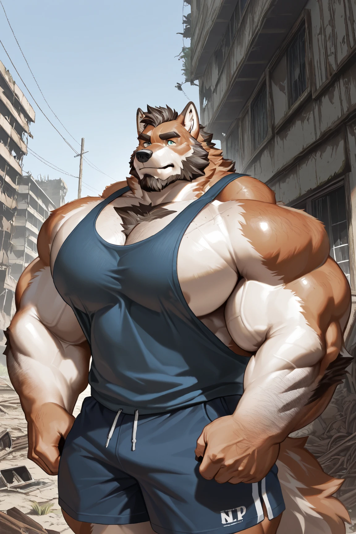 solo, 1boy, Huge Muscular Old Grizzly Bear wearing glasses , pectoral, huge pectoral, wide pectoral, short white hair, short pants, black wristbands, watch and shirtless and topless, bearded, Mustache, olympium background, masterpiece, high detailed, 8k, high resolution, running all over the tracks, training popping