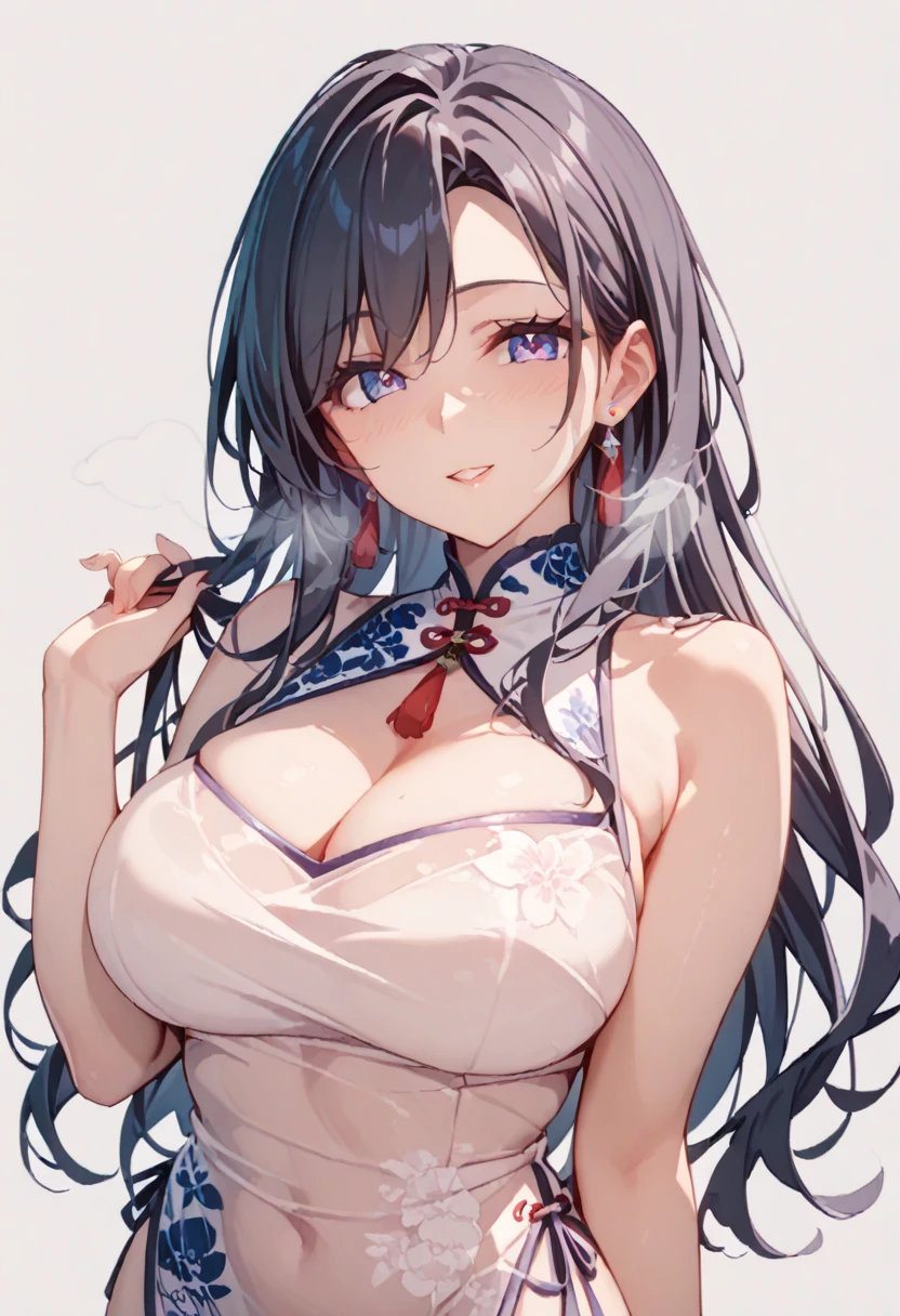 1girl,acheron_(honkai:_star_rail),ahoge,alternate_breast_size,black_shorts,breasts,cleavage,closed_eyes,collarbone,cowboy_shot,dolphin_shorts,facing_viewer,hair_over_one_eye,hand_on_own_face,highres,honkai:_star_rail,honkai_(series),huge_breasts,long_hair,multicolored_hair,shirt,short_shorts,shorts,simple_background,sitting,solo,spoken_object,streaked_hair,thighs,very_long_hair,white_background,white_shirt,yawning, best quality, masterpiece, nai3