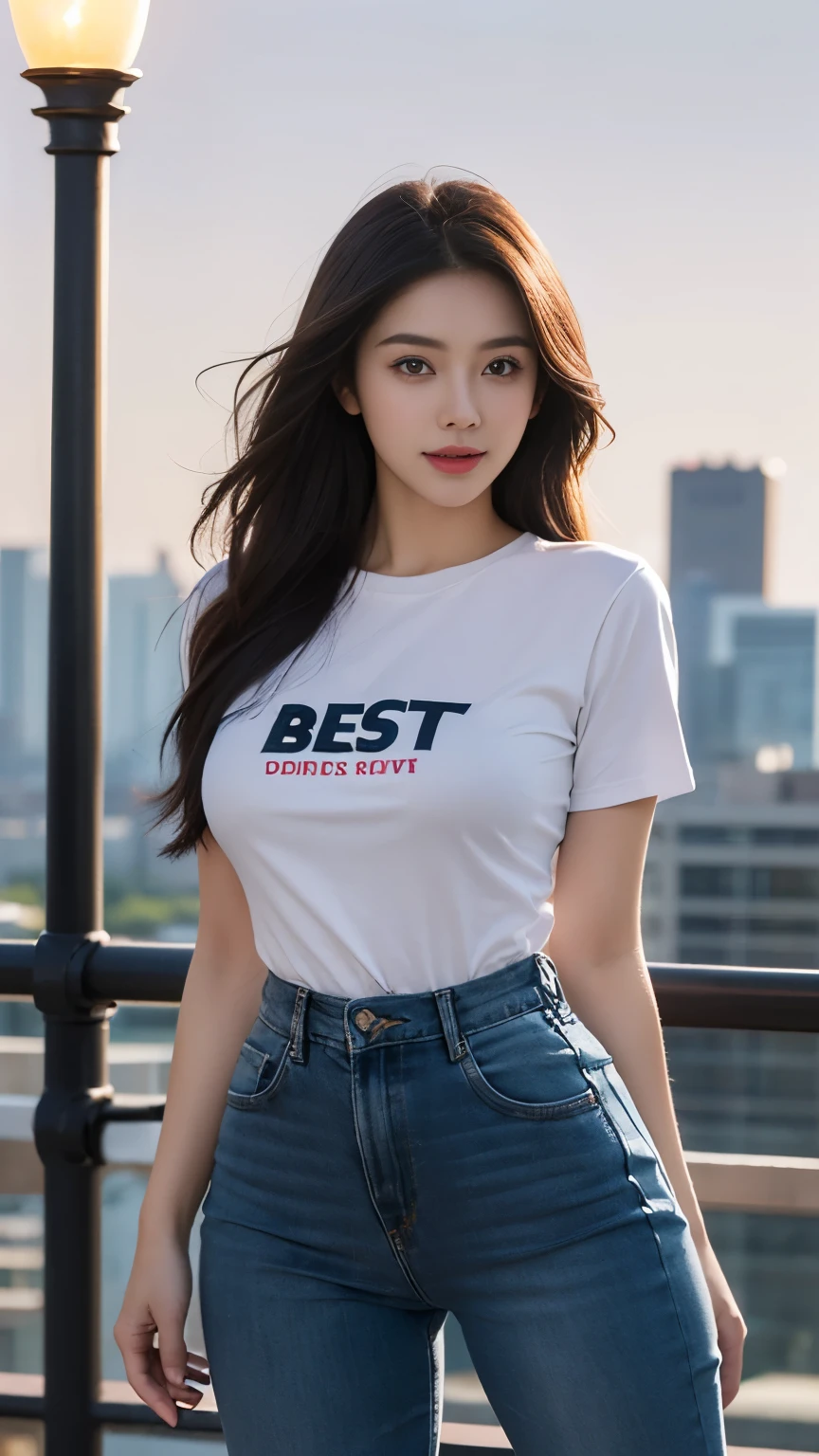 best quality,8k, Detailed facial depictions, Detailed eye description, Brown hair(long wavyhair),two beautiful Korean women (dont use the same face), 40 years old, slim body, huge breast , tshirt and short jean , they joke and laugh on the streets of many people in Itaewon Korea , long exposure