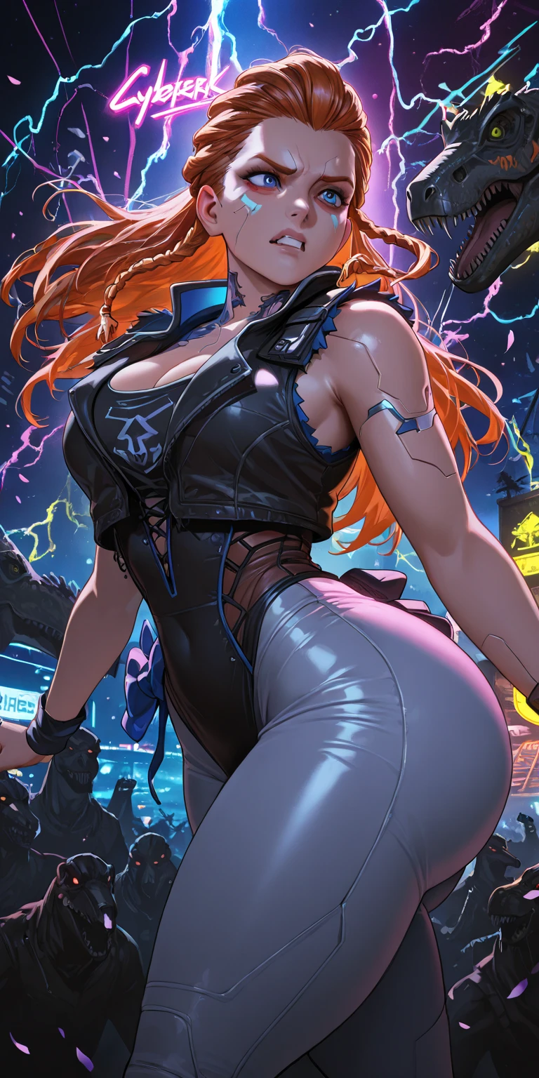 best quality,4k,8k,highres,masterpiece:1.2),ultra-detailed, extremely detailed eyes, extremely detailed body, (large masterpiece digital art), (detailed manga illustration), (detailed line art), ((perfect anatomy)), (intricate details:1.3), (ultra-detailed:1.3), (illustration:1.3), (sharp focus:1.3), (natural lighting:1.05), (vivid colors:1.3), (masterpiece), (best quality:1.4), (perfect anatomy:1.4), high quality, expressive eyes, full body, detailed face, beautiful face, perfect face, 1 girl, breasts, cleavage, gloves, large breasts, cyberpunk clothes, ultramarine jacket, very long hair, thigh length hair, ({dark skin}), dark-skinned female, detailed ((red hair)), messy hair, green eyes, gloves, jacket, hourglass physique, casual outfit, shorts, dynamic lighting, cityscape background  curvy, Atey Ghailan, Jeremy Mann, Greg Manchess, Antonio Moro, trend in ArtStation, trend in CGSociety, Intricate, High Detail, Sharp focus, dramatic and photorealistic painting art by Midjourney and Greg Rutkowski, Jeff Bridges, ((cartoon style)), Marvel Cinematic Universe style, (((Boston in the background))), soft bokeh of Boston