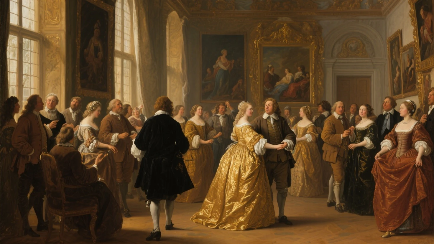 Create images that convey late-night cheerfulness at Vaux-le-Vicomte., With the fat Louis XIV., And guest of honor in the entertainment industry., dancing, And merriment..