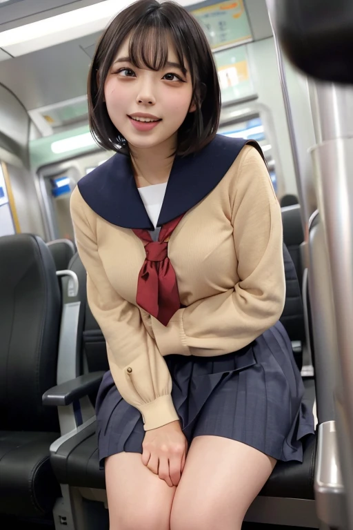 (High school girl sitting on a seat in a Japanese train:1.2、Sit in a chair on the train、face to face、Sit with your legs apart)、((school uniform、White blouse、(Navy blue checked pleated skirt:1.2)、Navy blue socks、loafers、Detailed white panties)、(Put your sports bag aside、The strap of the bag passes between the chest、paisla:1.5)、(Realistic、Like a photograph、Live Action、8k, Realistic, RAW Photos, Best image quality: 1.4), Single-lens reflex camera、RAW Photos, Highest quality, Realistic, Highly detailed CG Unity 8k wallpaper, Written boundary depth, Cinematic Light, Lens flare, Ray Tracing, Realistic background、((Ultra-Dense Skin))、 16 year old girl after school,Cute Japanese Girl、(whole body:1.5)、Very detailedな顔,avert your eyes:1.1、(Short Ponytail:1.2、My hair is blowing in the wind:1.4)、I like that style、stylish、Very detailed、Pay attention to the details、Perfect outfit、(Sunburned skin)、View from above、Accurate hands、Accurate legs、Detailed hands and fingers、Anatomically correct body、Thin legs、Thin thighs、Large Breasts、Super detailed face