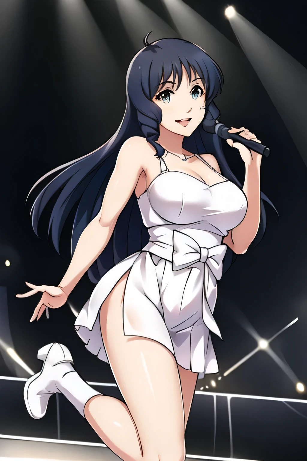 Can you draw a woman wearing a white dress?,A woman singing with a lovely smile ,,A face is absolutely necessary,Exact hand and foot representation,Large concert venue,on stage、In the spotlight、 A glamorous concert outfit , A stage made of laser lights ,,A 20-year-old adult woman with a nice smile, Long black hair Big black wavy hair , , Big breasts, Thin Waist , Directed by back-up dancers ,,
