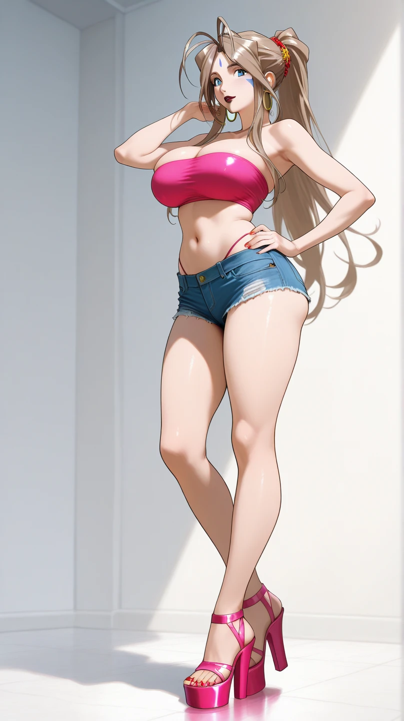 perfect cute face, masterpiece, tight crop top, tight booty shorts, long golden blonde hair, smiling, facing forward, full body, standing, sky blue eyes,  body type, perky natural G-cup breasts, white_tight_crop_top, black_tight_booty_shorts