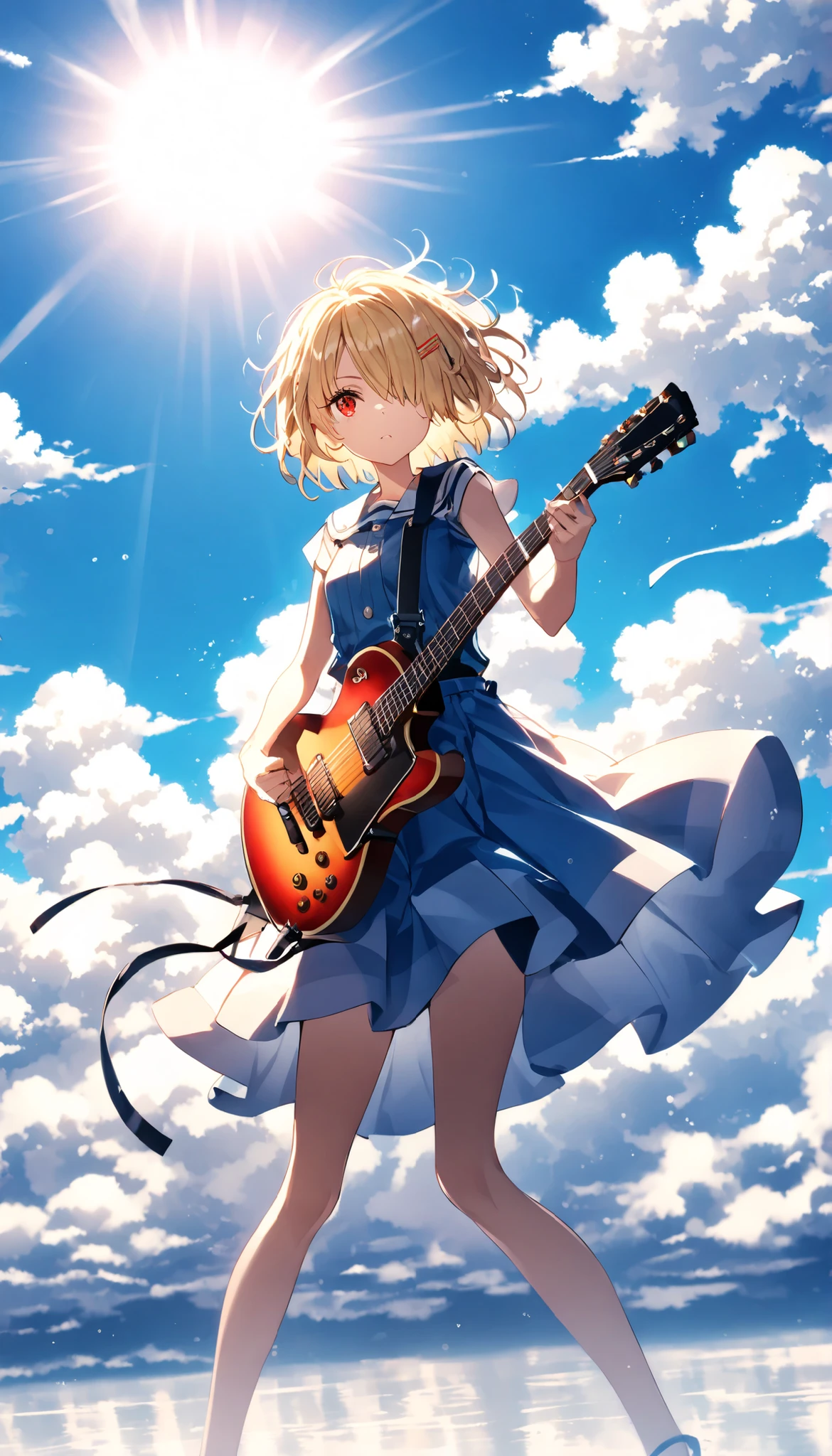 Blonde Short Hair,(hair clip),(((Hair on one eye))),(((one eye is covered by hair))),(Red Eyes), The girl in a sailor suit plays the guitar passionately , The girl is a bright blue sky and fluffy white clouds Standing underneath. The Sun Is Shining Brightly , throws strong light and shadows , highlights the girl's determined expression . Her electric guitar is dark blue and , The overall color scheme emphasizes blue and white hues 、 gives a refreshing impression , Energetic feeling . wind blows through her hair, Create a sense of movement and freedom. This scene、 captures moments of intense emotion and love for music .