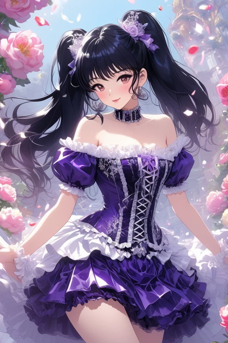 (((anime))) anime-style, ultra-detailed illustration of a three-girl idol unit performing on a dazzling stage
center girl in a vivid red gothic ta idol outfit, featuring layered frills, a corset bodice, and red roses; she has sleek semi-long straight black hair with sharp blunt bangs, and wears a confident, proud smile as she steps slightly forward as the leader
to her right, a girl in a rich purple frilly gothic idol dress with puffy sleeves, ornate lace, and gemstone decorations; she has long voluminous black hair in twin tails tied with satin ribbons, and displays a wide, mischievous grin full of energy and charm
to her left, a girl in a royal blue ta-style dress adorned with subtle snowflake embroidery and white lace accents; she has long flowing blonde hair styled in a side ponytail with crystal hairpins, and a calm, graceful expression with a slight closed-mouth smile, exuding elegance
each wears coordinated accessories: matching lace gloves, gemstone chokers, and lace-up boots; the stage is lit with dramatic spotlights, soft bloom, floating confetti, and shimmering colored lights reflecting off their dresses
anime illustration with refined linework, glossy expressive eyes with deep color gradients, precise facial features, detailed fabric textures, and vibrant concert atmosphere
idol unit, color-coded character design, full of personality and stage presence,urbandiary