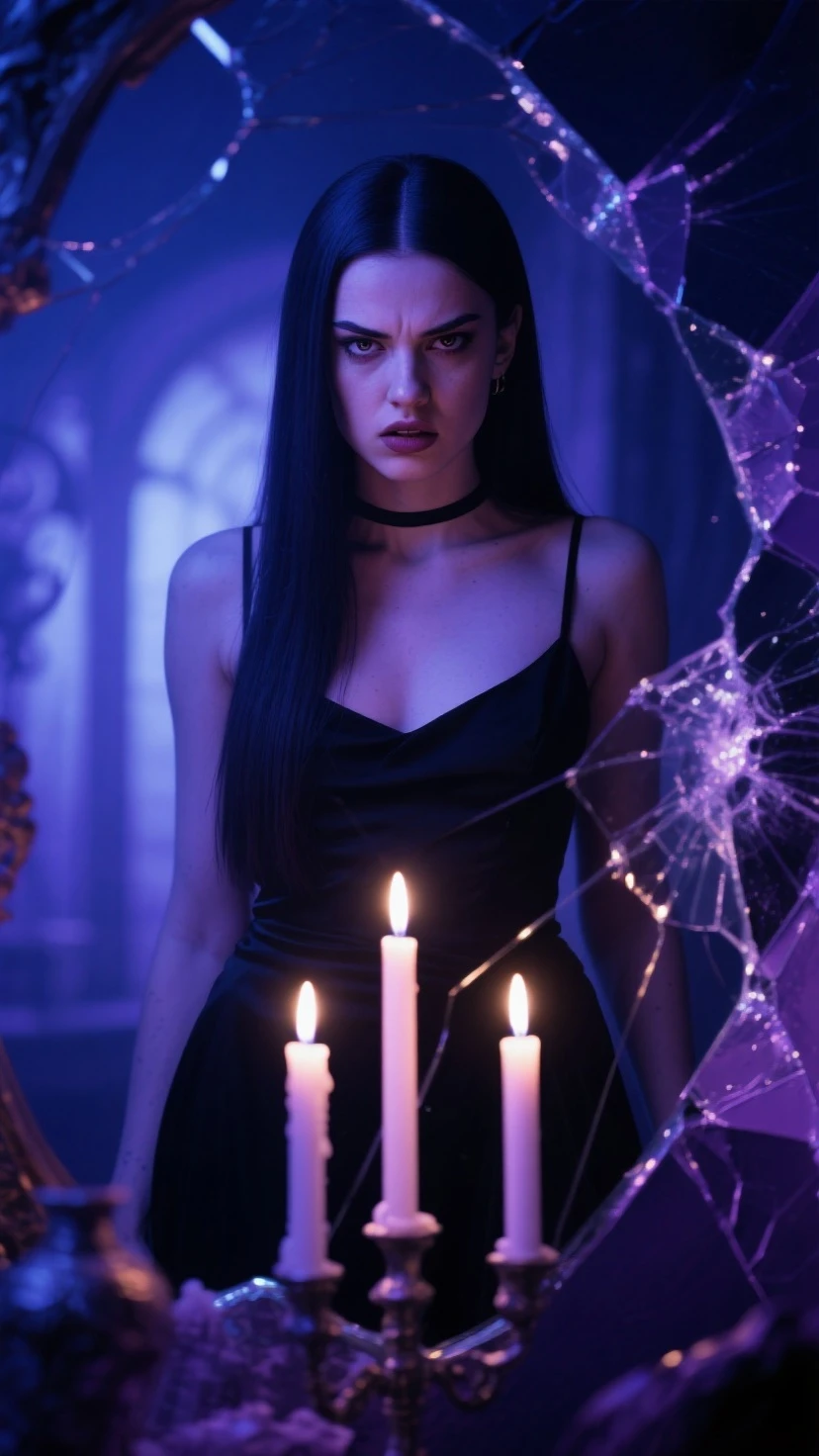 Dark, underground Halloween club with spider webs on the ceilings, candles on the walls, neon lighting, chains hanging from the ceiling