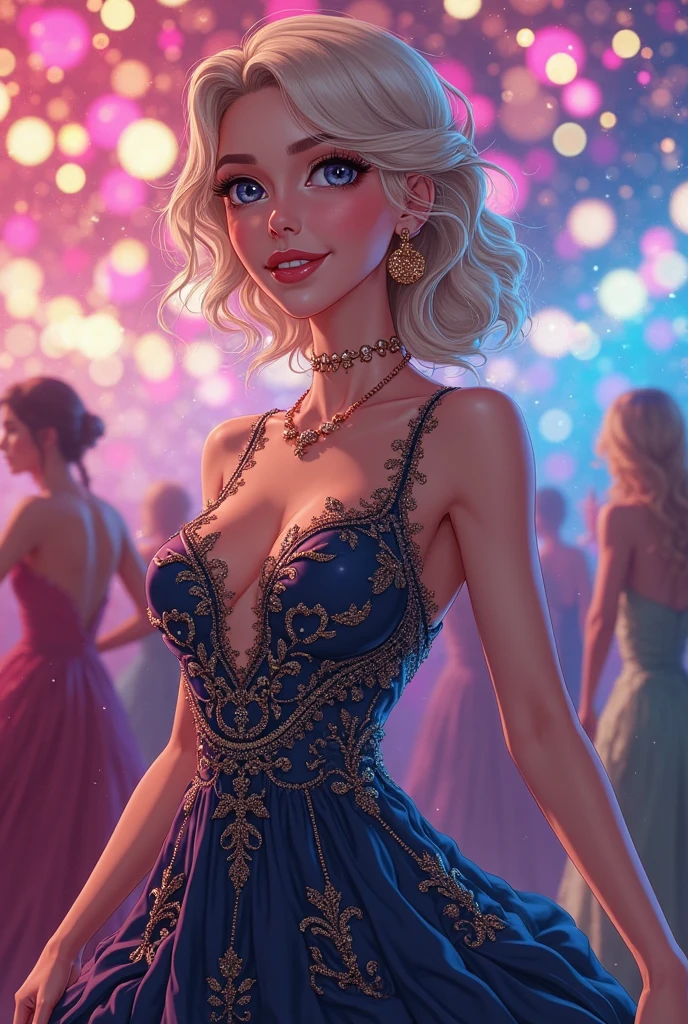 Impressionist acrylic painting, 1woman, a beautiful young blonde standing in a ballroom, black halter dress, breasts, hips, midsection, inviting smile, realistic face, French braid, blushing, inviting eyes