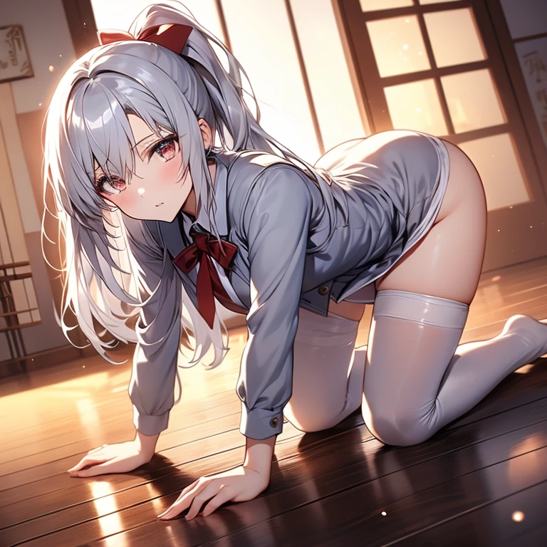 AiKitagami, 1girl, solo, all fours, on knees, ass, breasts, skirt, shirt, red eyes, thighhighs, twintails, school uniform, white shirt, white hair, necktie, red necktie, clothes around waist, <lora:AiKitagamiCharacter:0.6> <lora:add_detail:0.8>