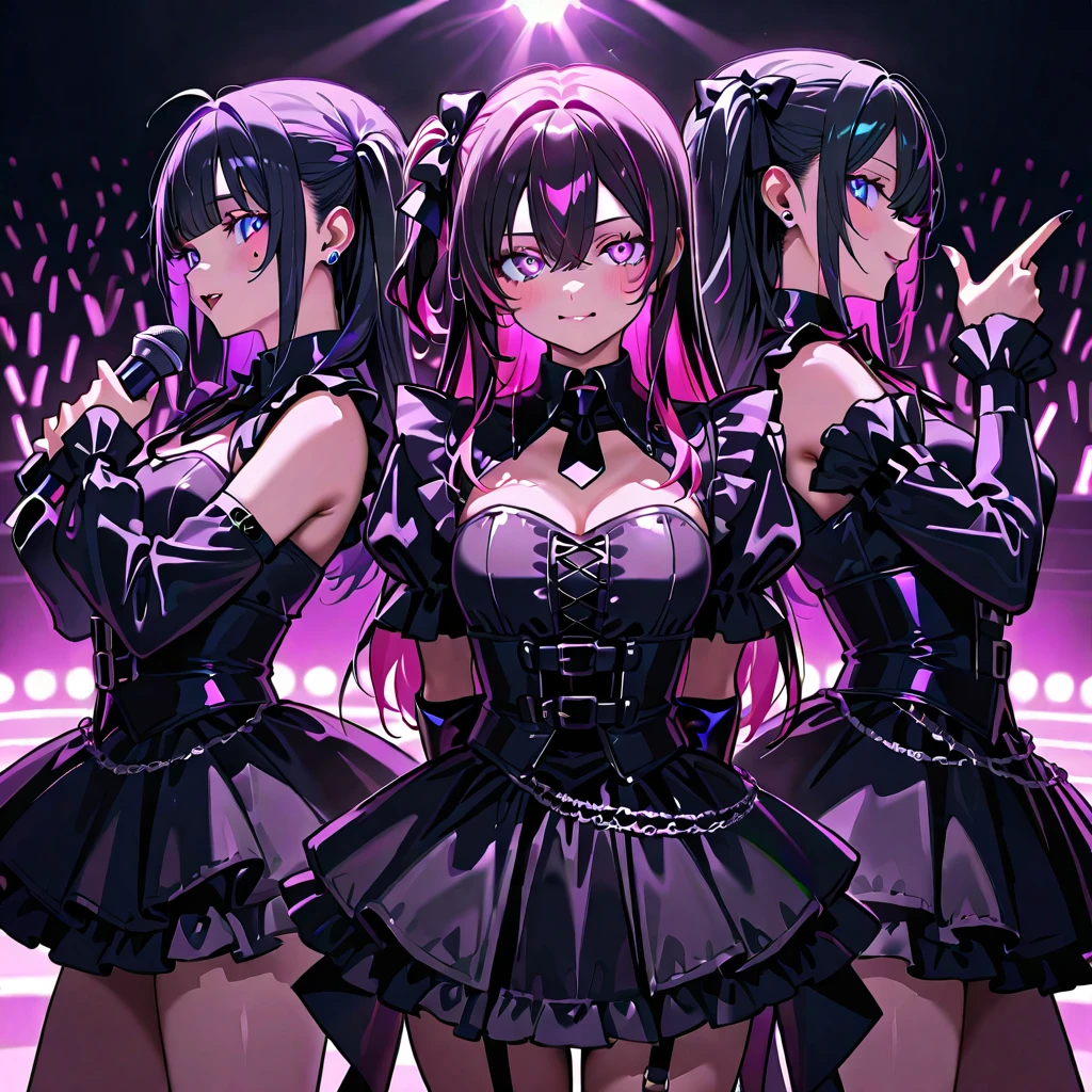 <lora:revgirlutena_himemiya-10:0.8> himemiya anthy, dark skin, dark-skinned female, short hair, crown, glasses, aiguillette, <lora:MikuOutfit-14:0.8> miku outfit, sleeveless shirt, grey shirt, detached sleeves, necktie, arm tattoo, skirt, thighhighs, thigh boots,
on futuristic concert,