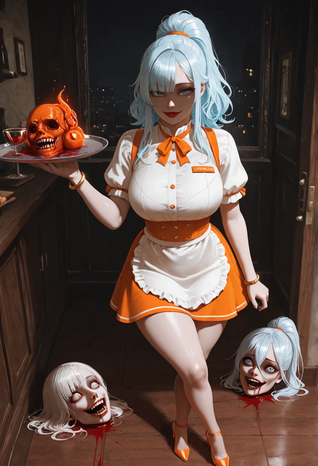((best quality)), ((highly detailed)), masterpiece, , (1girl), close-up, looking straight at the camera, ((pleated skirt)), ((ghost-girl)), ((undead)), ((powder_blue colored skin:1.3)), ((black colored hair:1.3)), ((vibrant green eyes)), ((glowing eyes)), (eye bags), (monstergirl), wide hips, ((crazy grin)), smoky skull, flowing ((white wedding dress:1.3, veil, stockings)), ((mausoleum)), fog, (inside, in a kitchen, apron), <lora:Labros_Panousis_style:.5>, Labros_Panousis_style_lora_by_niolas