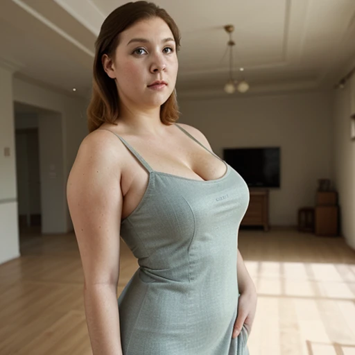 20yo  in school school photo in school masterpiece, (photorealistic:1.4), best quality, beautiful lighting, Eleanor Ukraine girl 20yo Old Big Breasts Plus Size Model Bun lHair Bun Hair Hair wearing Bella Godet Dress. 
