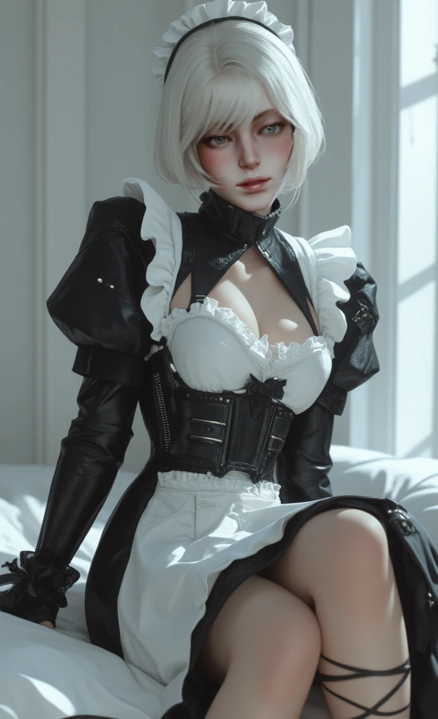 ((Best Quality)), ((masterpiece)), (detailed: 1.4), 3D, an image of a beautiful elf woman with short pink hair, wearing a white dress with technological black, earrings, black gloves in each hand, black long socks and a black boot, dynamic standing body, , blue eyesHDR (High Dynamic Range),Ray Tracing,NVIDIA RTX,Super-Resolution,Unreal 5,Subsurface Dispersion, PBR Texture,  Post-processing, Anisotropic filtering, Depth of field, Maximum clarity and sharpness, Multilayer textures, Albedo and specular maps, Surface shading, Accurate simulation of light-material interaction, Perfect proportions, Octane Render, Two-tone lighting,Wide aperture,Low ISO,White balance,Rule of thirds,8K RAW,