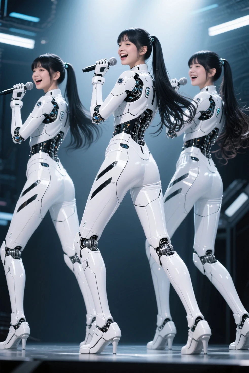 ((masterpiece , top quality , best image , high resolution , photorealistic , raw photo , 8k)) , FUTURE AI ROBOT IDOL GIRL GROUP , 3 members , DANCE,  female cyborg body  ,  Female Body  ,  bio mechanical  , extra Detail body , A beautiful and elegant female robot in her early 20s, WITH 3 STYLES, long black straight hair,  wavy long hair, LONG HAIR PONYTAIL, enjoying the performance stage while singing and dancing with a happy expression, white  bio mechanical  details , Detail body , shiny white armor ,  cybernetic body  , Eva unit-00  ,  taken from behind  ,
