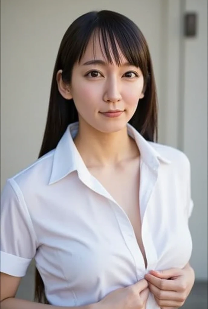 real、realistic, High resolution, 1 female,beautiful eyes, brown hair:1.3,semi-long, wavy hair,ring eye, Jewelry is, Are standing,secretary、office、black stockings:1.1、black stiletto heels、whole body、(Button cutter shirt)、(white shirt)、(sleeveless:1.2),(Fluttery mini skirt)、big breasts、nsfw,slim body,smile