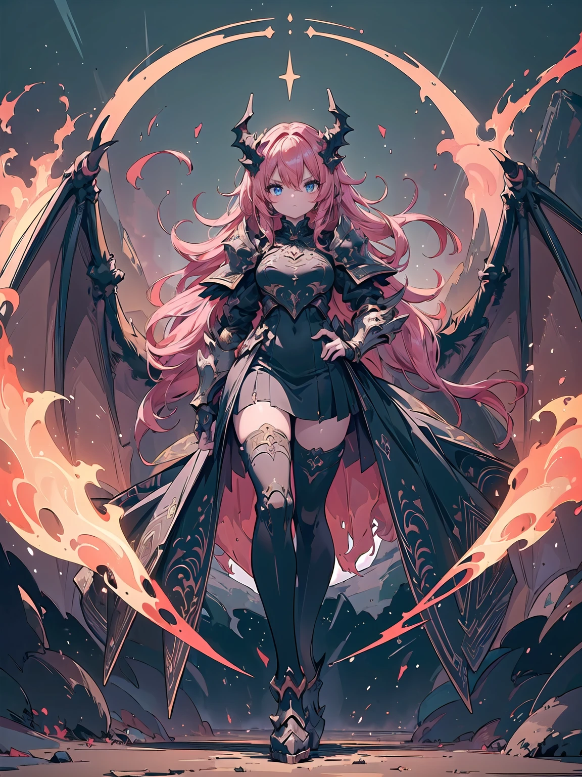 ((Best Quality)), ((Masterpiece)), (detailed), 1 girl, demonic armor,fuchsia hair , pink eyes ,demonic horns, dragon , high , elegant , pointed ears , whole body , standing , SMILE , evil expression , strong , bomb hair ,                                                                        