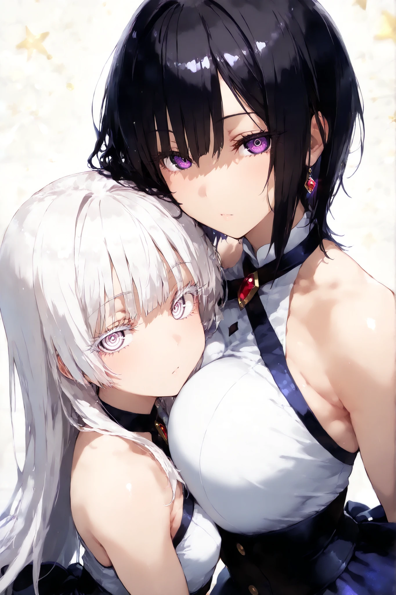 (((masterpiece))), (((best quality))), (((super detailed))), (((dynamic))), (((mamami style))),  breast_press, look at viewer, 2girls, idol, idol costume, monotone clothes, 1th girl: small height, slender, a little small breast, beautiful body, like transparent, pretty, cute, attractive, cool, no expression, inorganic, bold, like a doll, mysterious, beautiful, 1 girl, monotone, white hair, very long hair, long bangs, neat bangs, long white eyelashes, jewel eyes, white eyes, beautiful eyes, 2th girl: high height, a little large breast, fascinating, cool, mysterious, beautiful, downer type, no expression, expressionless, sexy, beautiful face, 1 girl, black hair, short hair, bob haircut, long bangs, purple eyes, narrow slanted eyes, ringed eyes, beautiful eyes