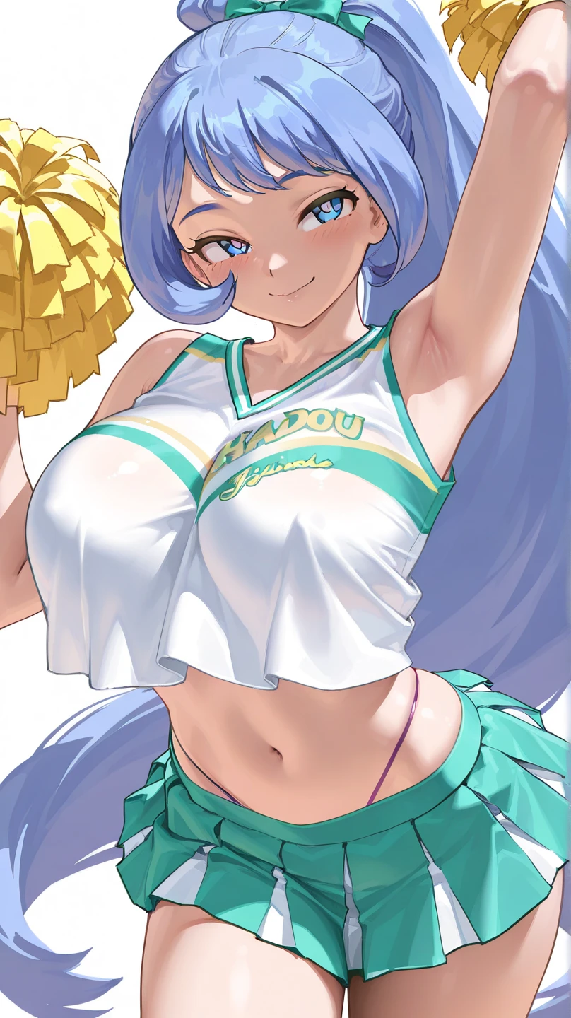 best quality, masterpiece, highres, solo, {brynhild_fgo:1.15}, long_hair, purple_eyes, very_long_hair, breasts, bangs, blush, blue_hair, 1girl, bare_shoulders, cheerleader, looking_at_viewer, pom_pom_\(cheerleading\), skirt, pleated_skirt, visor_cap, crop_top, heart, large_breasts, midriff, miniskirt, navel, smile, underboob, black_skirt