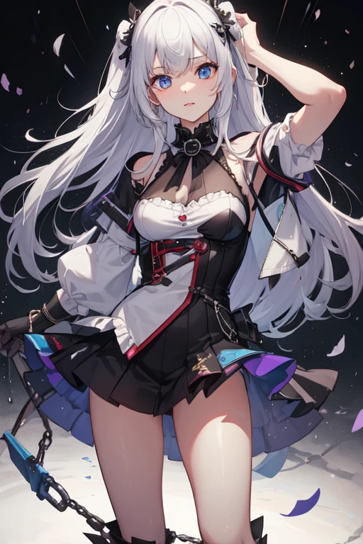Highest quality、Highest quality、Masterpiece、girl((20-year-old、as soon as、Highest Bust、Medium Bust、Wide open chest、Red glowing eyes、Silver Hair、Red Mesh、Disheveled Hair、Loincloth、thin、The best valley、Open chest、hair ornaments、Full body view、Black Universe Suit、Black Skirt、Random Pause、smile、headphone、Chain Accessories、necklace))、high quality、Beautiful Art、background((Collapsing Ground、no gravity、Floating Object、shooting star、universe、comet))、Depth((Earth))、flight、Flying Debris、Depth of text、movie、Visual Arts、Perfect Art、8K、Genuine、Special Angles