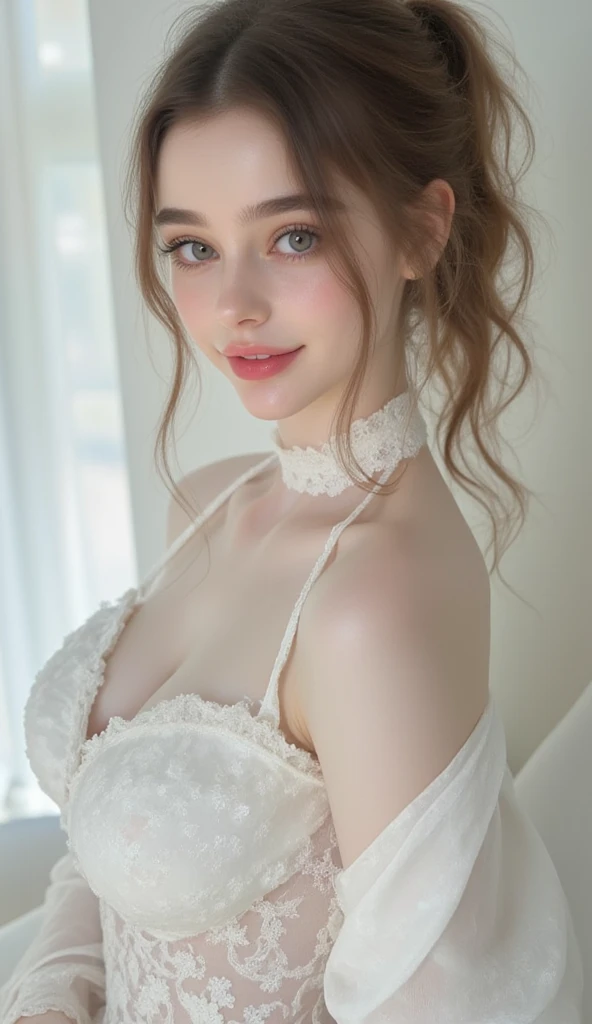warm smile, high detail, beautiful detailed face, hazel eyes, (attractive woman:1.3), (blushing:1.1), guarda-roupa de estudante, Without deforming the fingers and hand, 22 anos, 21 anos, 18 anos, cara sexy, Yelena Belova, 23 anos, HD, en un jardin lleno de rosas, en un jardin lleno de flores blancas, en un jardin lleno de flores rosas, 4k, realista