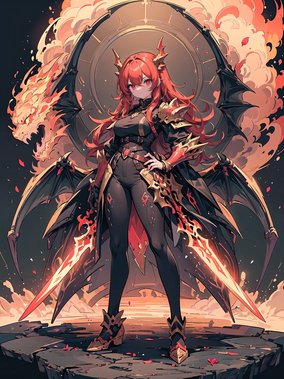 Got it。Correct the prompt to、Scales grow on dragon's wings、Add instructions to make it two-tone with dirt and white：

1boy, solo, super fine illustration, an extremely delicate and beautiful, best quality, long disheveled red hair, wild child appearance, cute, energetic, youthful and boyish red dragon wings with magnificent size, scales on the wings, black sheep-like horns, no gradient background, upper body focus, prominent fangs, confident and imposing pose, wearing predominantly black and vividly colored red attire with yellow eyes, luxurious dragonlord-like attire with a flowing cape, vibrant coloring, two-tone wings with scales in ash and white.length hair、