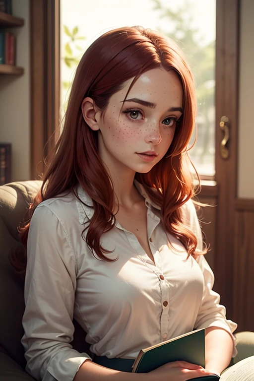 A young lady aged 15 yrs, with long bright red hair, wavy hair, with air bangs, tied up in a bun. She has green eyes. She is in a bedroom. She is wearing a red bathrobe. She has an athletic figure. She is wearing gold earrings. Looking directly into the camera. She has fair skin, freckles, constricted pupils, parted lips, modest bust size, perfect lips, perfect nose, cute face, baby face, Hyperrealism, cinematic lighting, jpeg artifacts, bokeh, textured skin, UHD, best quality, masterpiece, high details, bust chart, close-up view