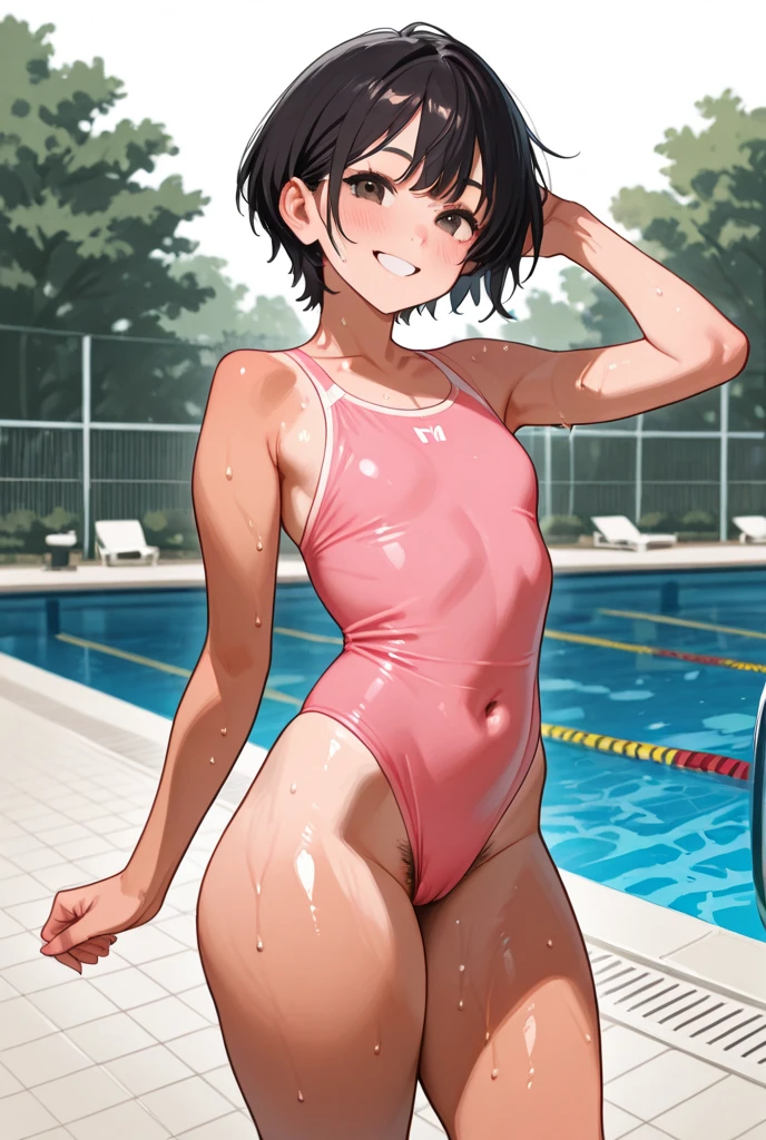 anime screencap, young, 1girl,solo, wavy black hair, wavy short hair, wavy hair, wavy hairstyle, black eyes,small breasts,armpits,wet armpits, showing wet armpits, laying down messy hair, messy wavy hair, wavy messy hair, showing small breasts,sexy girl , breasts, cute body, getting, removing panties,sex, sexy pose, sexy body, body naked , cute body,armpits close to viewer, armpits very close, close to viewer, close to camera, cameltoe, laying down having sex, cute girl, having sex in bed, getting fucked, wet vagina, wet pussy, tiny body, cute tiny body, masturbating, fingering pussy, masturbating pussy , cute body ,, cute stature , cute body, wearing skimpy swimsuit, sexy swimsuit