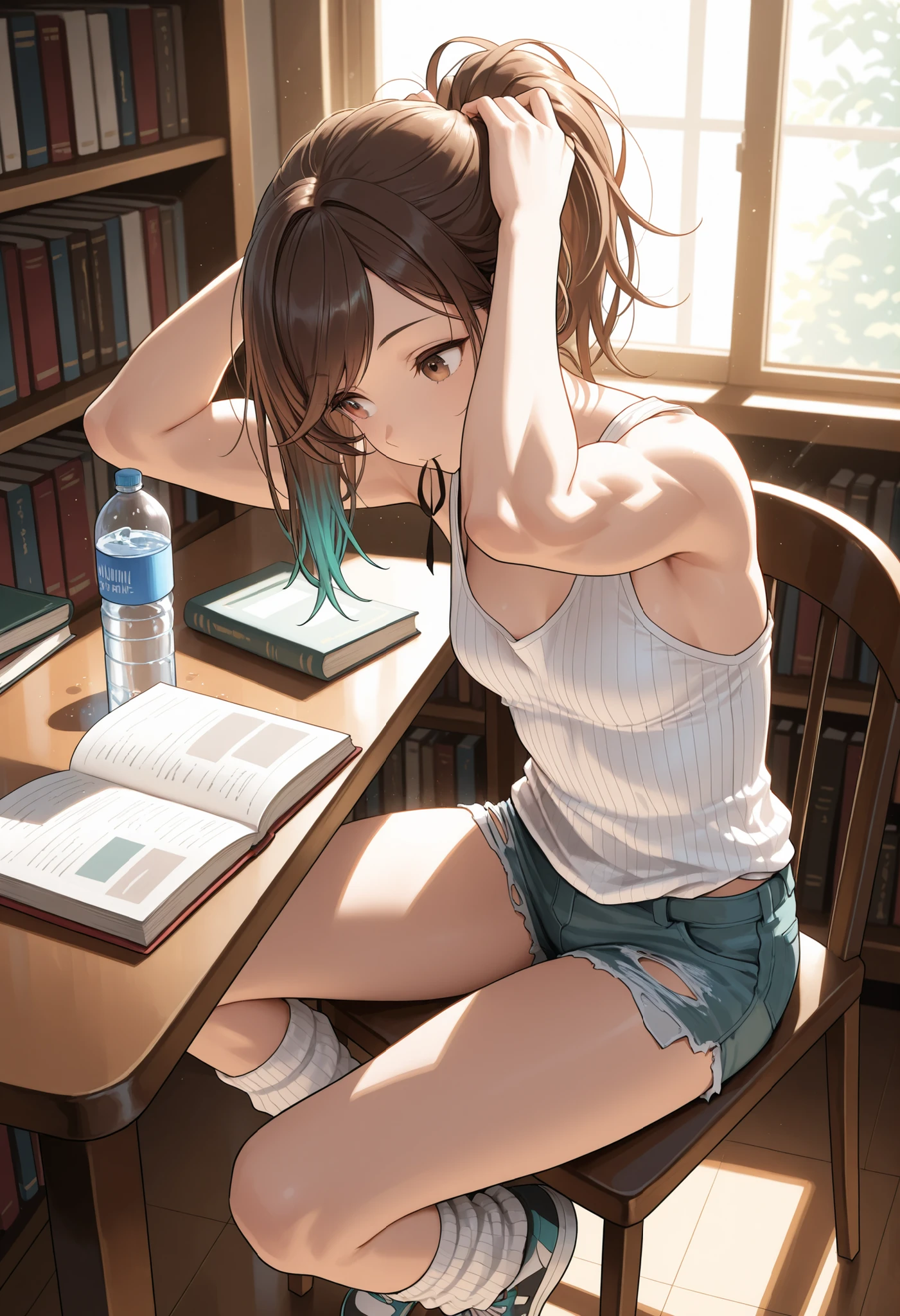 ofi wallpapers in 4k, broadly showing the room, generates me the same girl, lying on the bed, studying the open book in front of her hand, wearing headphones, pretty girl, red hair, image shows more of her , shows more details of the room, green eyes, more than shows the whites of the eyes, a duvet covering herbody,(Best quality, 4k, Masterpiece :1.3), ((rainy night: 1.5)), Full body photography of Autumn, the stunning brunette influencer. She should appear in her mid-20s with long, wavy chestnut hair that falls gracefully on her shoulders. She has an athletic hourglass figure accentuated by her full bust. Her complexion should be flawless, with a warm, sun-kissed tan. Autumn's expressive green eyes should radiate charisma, and she should have a relaxed and confident demeanor. In a playful schoolgirl outfit, Autumn captures the source teenage lust . She is topless with her hair up in braids and a short shorts, Autumn sits seductively on a desk with her legs spread wide open to show her lace panties. A classroom setting or schoolyard background completes the scene with a touch of nostalgia. Intense look and makeup, symmetrical eyes, symmetrical face,headphones