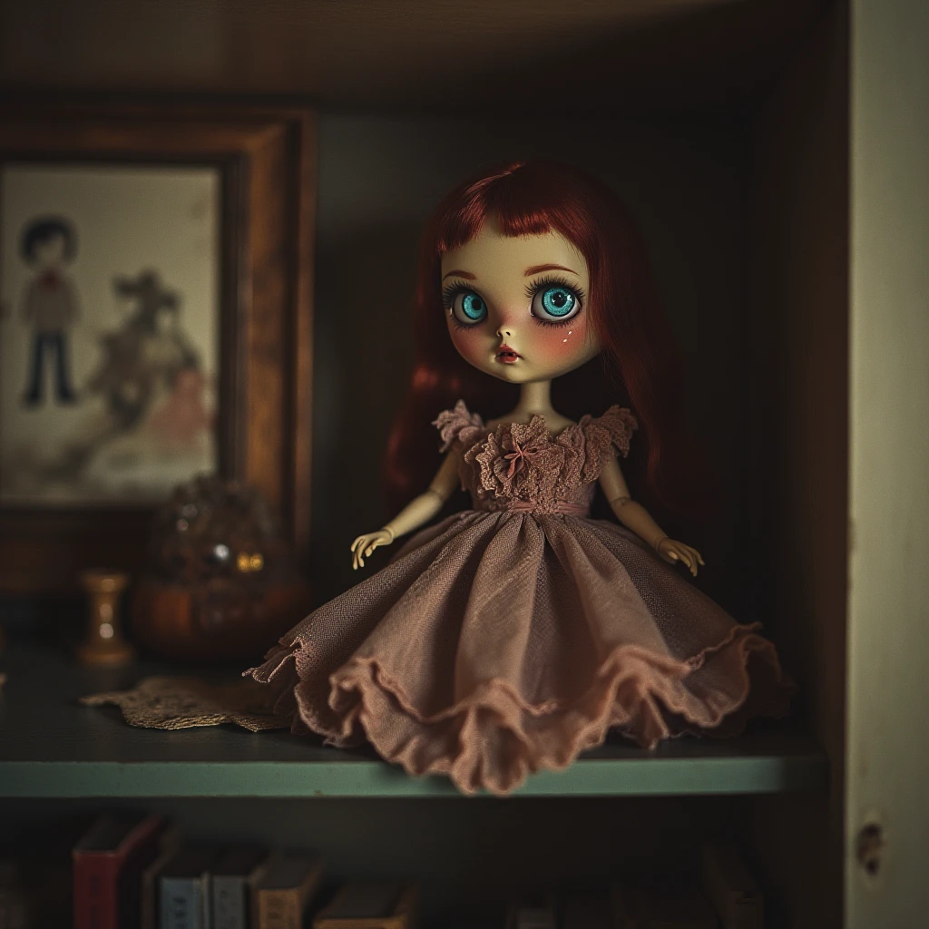 young woman with tired eyes standing in a personal study, cute, short hair, couch, lots of stuffed toys and various clutter and mess in background, intricate, highly detailed, gothic dress