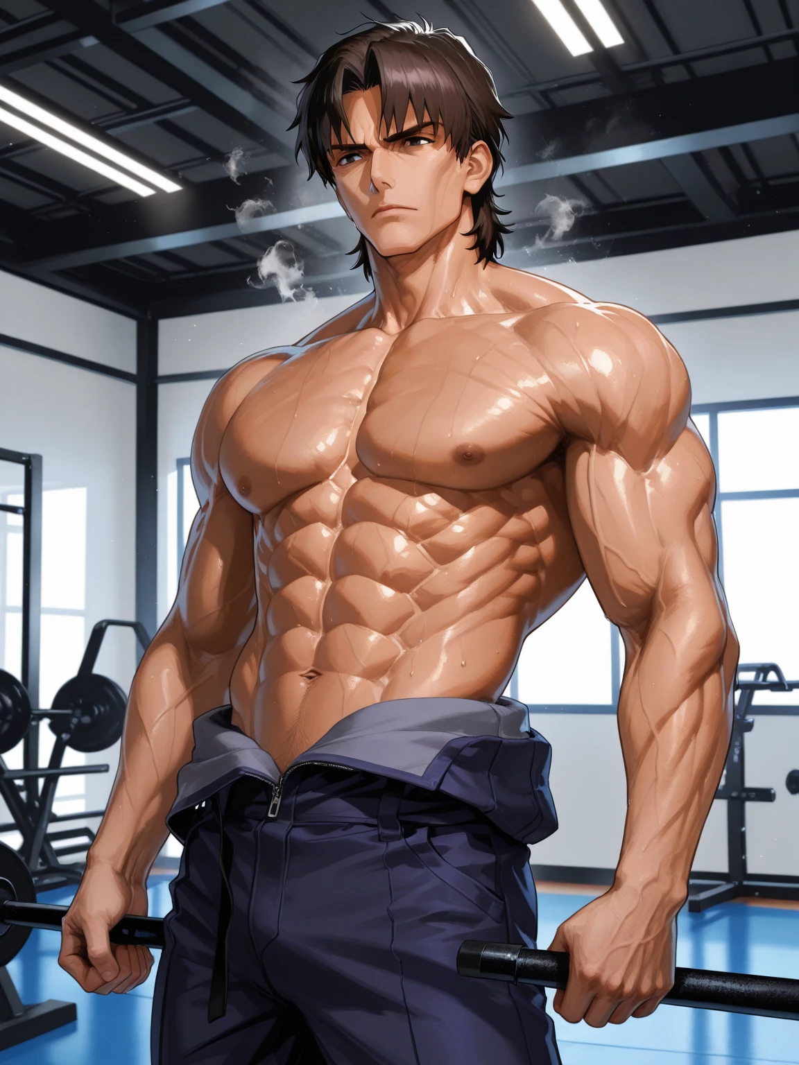 Hot anime boy pulling his pants down and shows hairy belly button and abs
