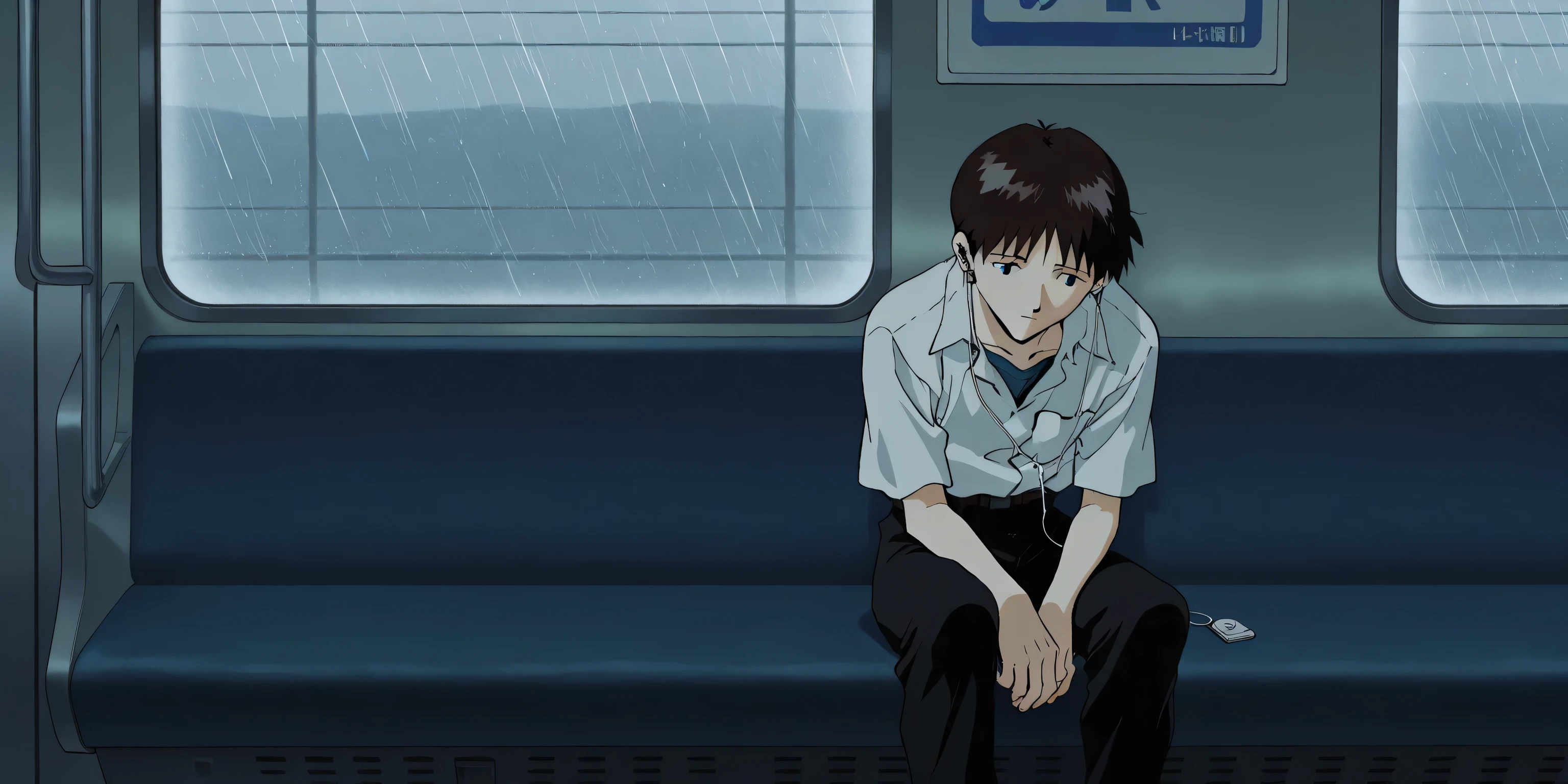 shinji ikari from Neon Genesis Evangelion, , sitting inside train, sitting on the very side, listening on earphones, alone, head bowed, his expression is one of profound sadness and despair. Somber atmosphere, raining in the windows, dont show face, head bowed