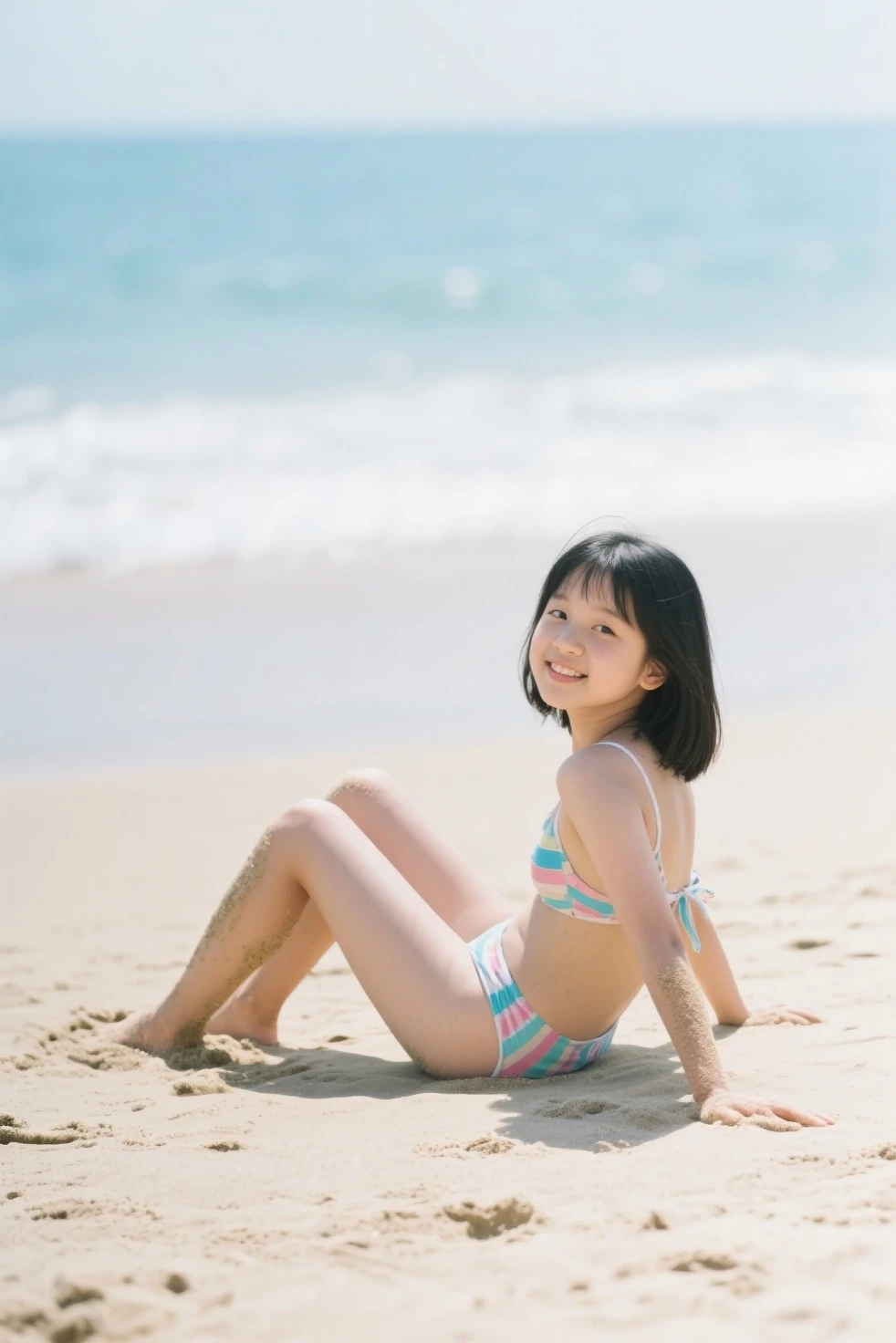 Full body photo of little girl in bikini with her legs spread