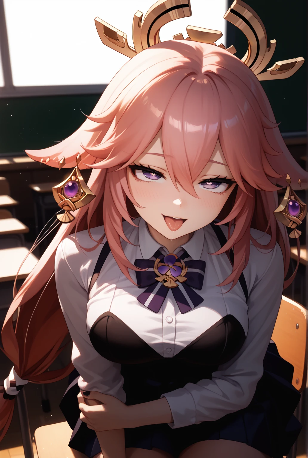 masterpiece, best quality, very aesthetic, absurdres,1girl,green plaid skirt, sainan high school uniform, school uniform, white shirt, yellow sweater vest,smirk, ,Yae Miko,Yae Miko(genshin impact), long pink hair, fox ears , purple eyes, a large gold ornament,,,naughty face,by the railway,leaning forward,floating_hair