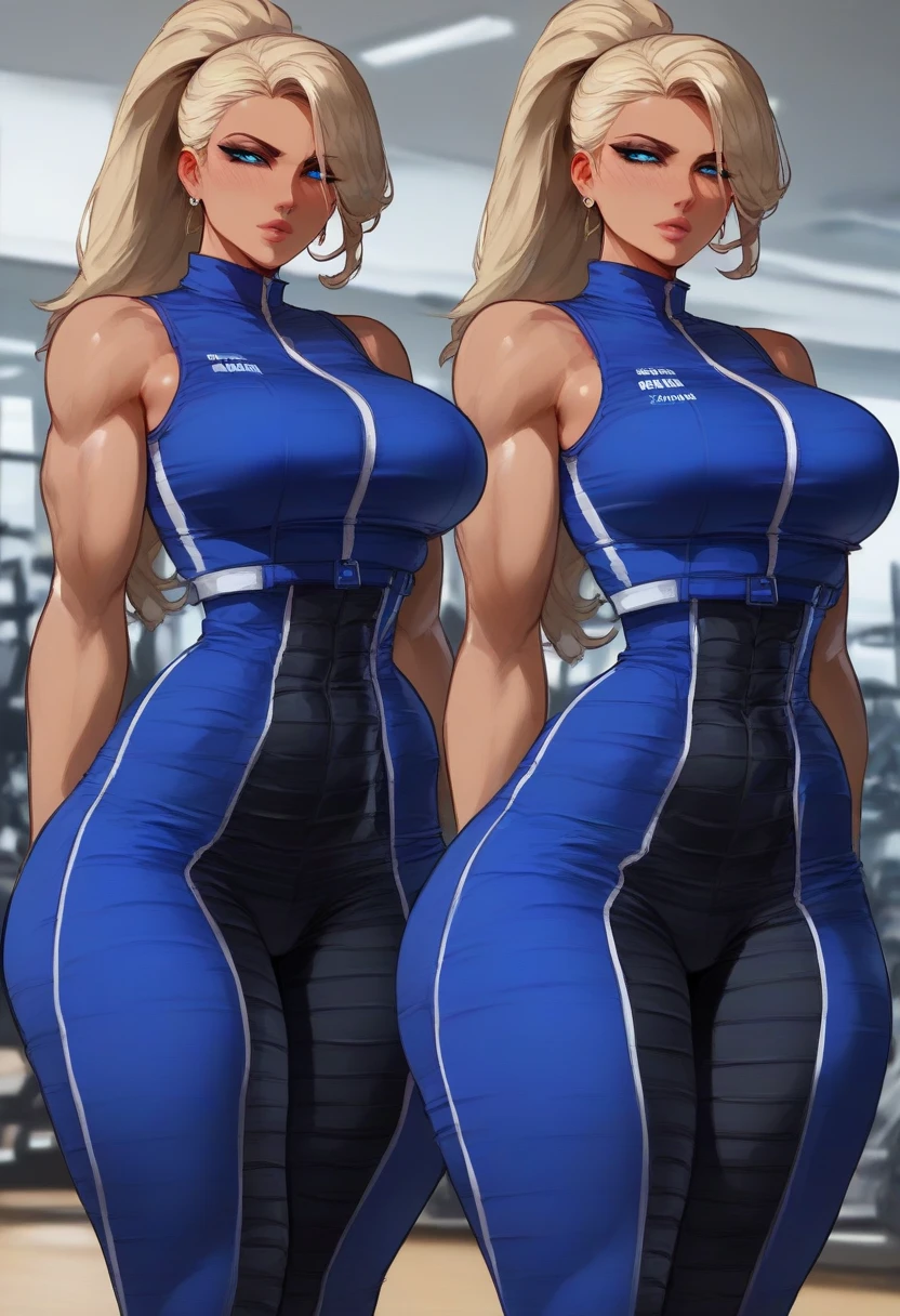 ((character concept art)), ((character design sheet, same character)),(full body view), young adult girl, Tall stature, little chest, closed mouth, Slavic appearance: Green eyes; blond hair; sharp facial features; dimple on the chin; Straight nose; high nose; pronounced high cheekbones; high forehead, stands upright, (gigantic breasts:1.4), wide hips, brasilian butt, big tighs, detailed face, gym bodysuit.