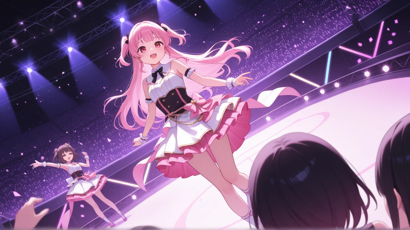 (highest quality) ++, (masterpiece) ++, (very detailed) ++, 8K, (full body), (((pink long hair)), bandstand, dancing on stage, waving, idol costumes, white costumes, jumping, winking.