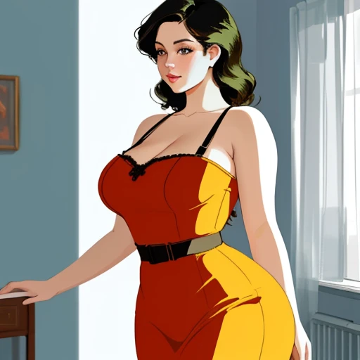 ultra realistic 8k cg, picture-perfect face, flawless, clean, masterpiece, professional artwork, famous artwork, cinematic lighting, cinematic bloom, perfect face, beautiful face, beautiful eyes, ((perfect female body, narrow waist)), female, bent over desk, red long dress, black stockings, focus legs, milf