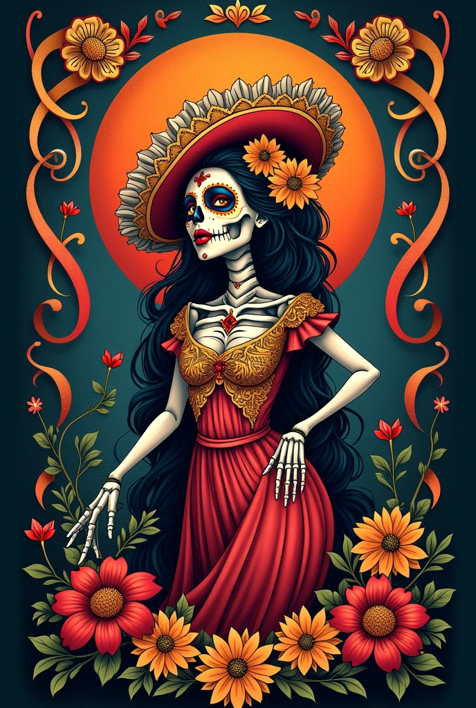 female necromancer in hungarian folk outfit, vector graphics, strong contours, logo design