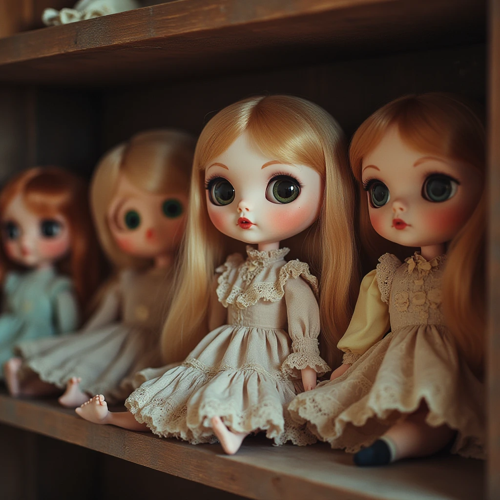 ROOM WITH MANY DOLLS OF VARIOUS TYPES AND SIZES IN CARTOON STYLE