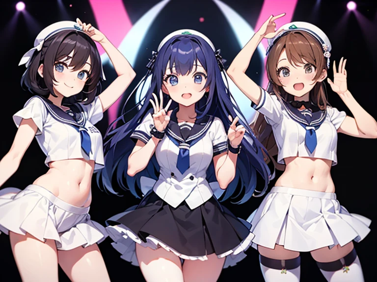 high-level image quality、Three teenage girls、Dance on stage like an idol、Beautie、cute little、White sailor suit、White sailor color、Pleated mini-skirt、Cosplay style sailor suit with cute colors、kawaii hair style、Colossal tits、emphasizing breasts、White knee-high socks、Good mood、Dancing with laughter、Idol style、pantie shot