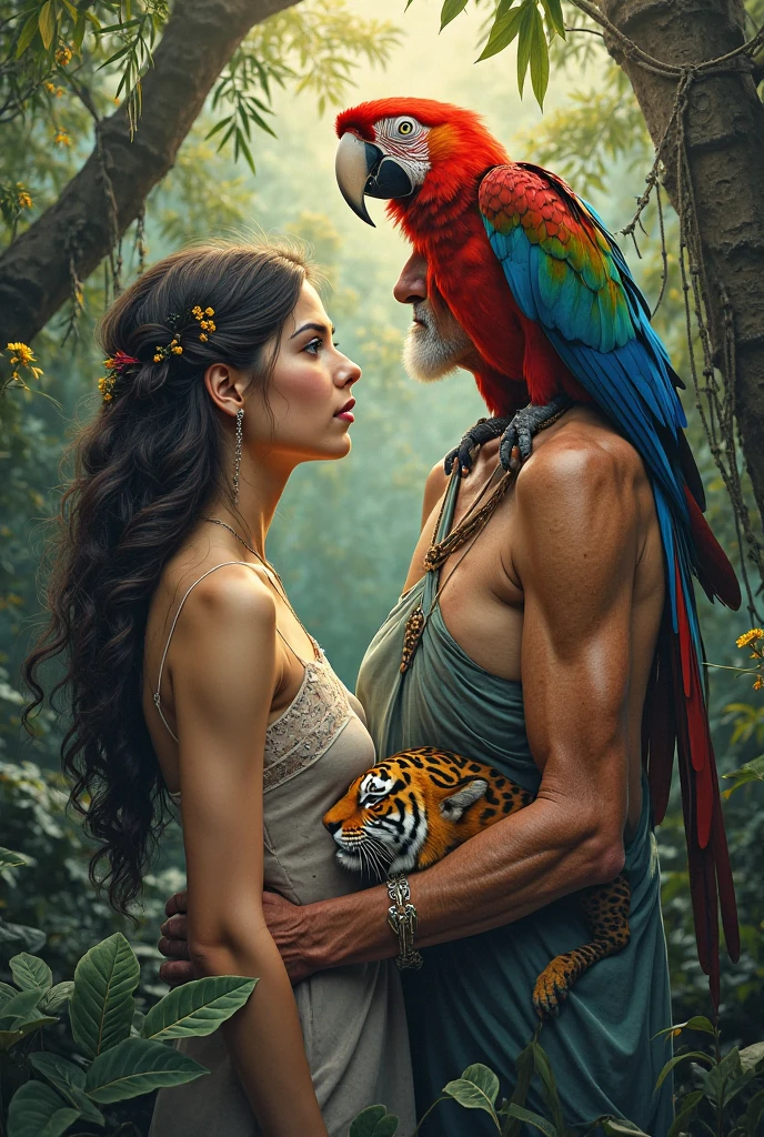 A handsome, thin young man with long beige hair down to his knees. He is bare-chested and tanned.. Legs are fluffy, covered with brown fur, all fur, he is still a faun or a satyr. He is very young.. Looks only . Facial features are masculine, Asian. He is thin built.. He has a red heart pendant on his chest. He is being embraced by a woman in a bright blue floor-length tunic.. The woman has black braids down to the ground. On the head is a translucent veil reaching to the floor. The woman&#39;s eyes are green. There is a brown belt on the tunic. Shoes women brown greek sandals. Woman smiling. She has tanned skin and a pink blush on her face.. Forest background with ferns. The woman has two braids down to the ground. In the background there is a yellow parrot 